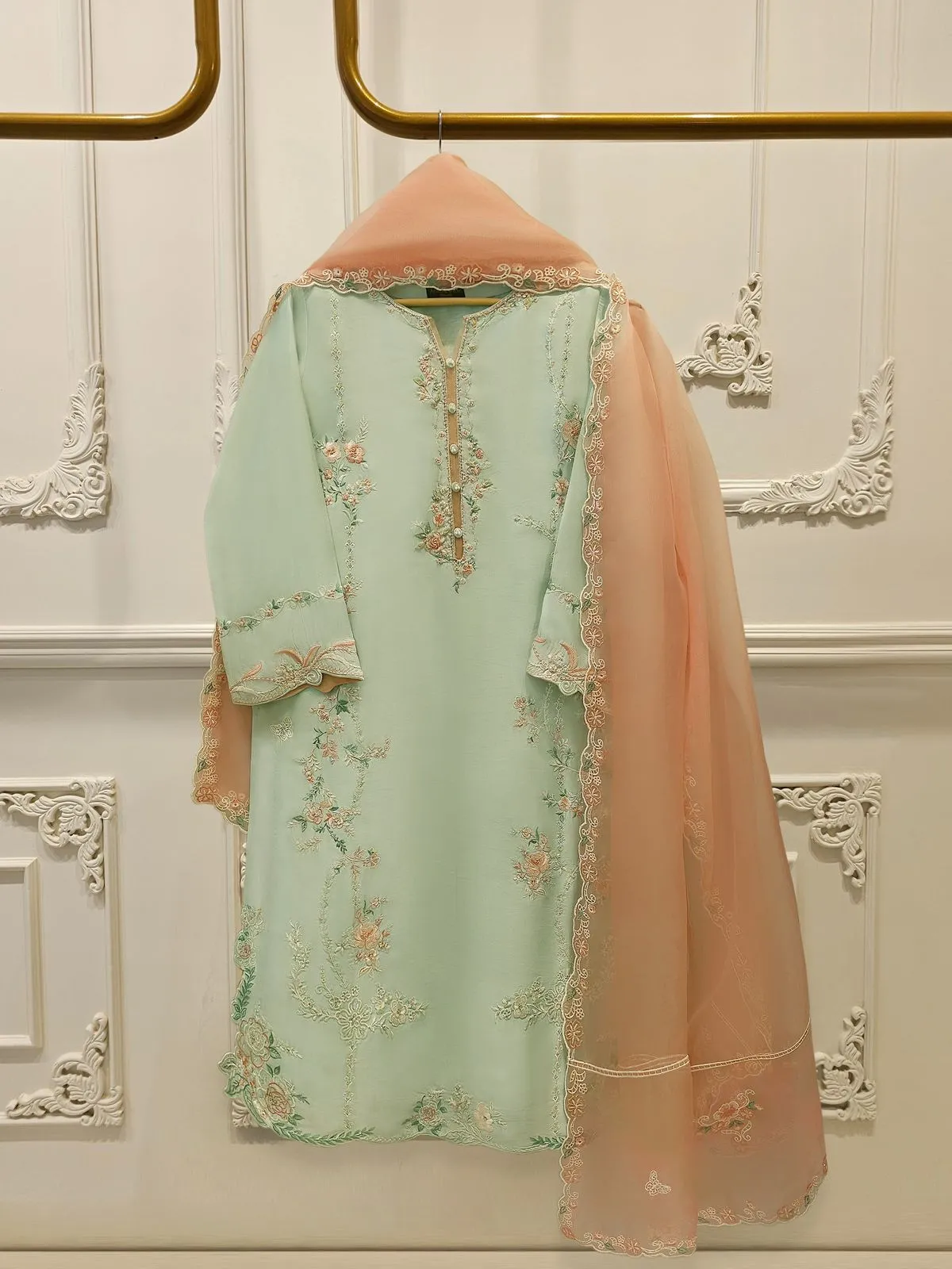 open lace back dress Agha Noor Green Organza Dress Hand Work 3pc Party Wear – Emarlad Wear